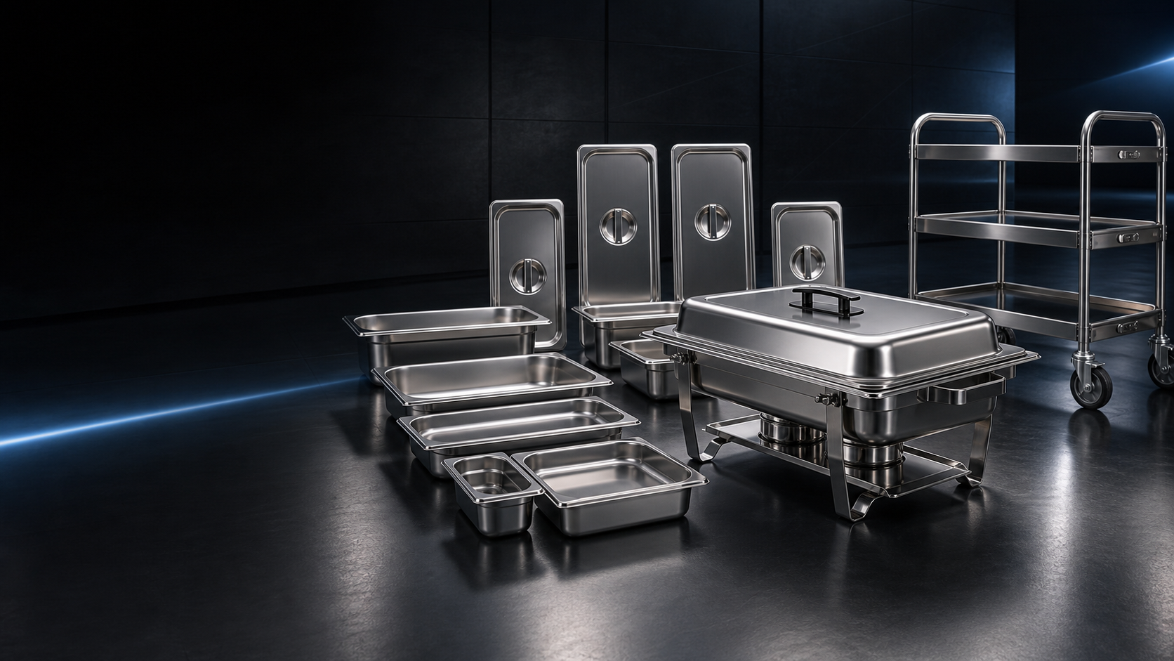 Stainless steel GN pans, chafing dishes, and service trolley in the BuphexChef range
